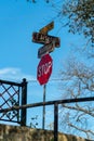 Road sign saying dead end and stop on the corner of east arsenal and washington street in san antonio texas near railing Royalty Free Stock Photo