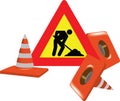 Road sign with signs of interruption with worker