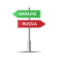 A road sign with signs and the words Russia and Ukraine