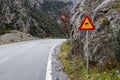 Road sign `Slippery road` close-up Royalty Free Stock Photo