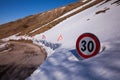 Road sign in the snow on the road to arrive in Castelluccio di Norcia, Umbria, Italy