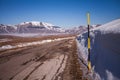 Road sign in the snow on the road to arrive in Castelluccio di Norcia, Umbria, Italy