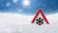 Road sign snow warns of snow and ice in winter, warning sign Royalty Free Stock Photo