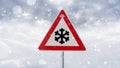 Winter driving - warning sign - risk of snow and ice Royalty Free Stock Photo