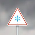 Vector road sign with snowflake on gray sky background Royalty Free Stock Photo