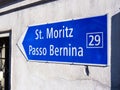 Road sign for St. Moritz and Passo Bernina in Switzerland