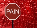 Road sign stop Pain and red blood drop on the glass