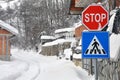 Road sign Stop and Pedestrian crossing. - stock photo Royalty Free Stock Photo