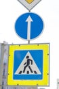 Road sign pedestrian crossing, travel straight and main road Royalty Free Stock Photo