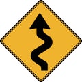 Road sign, there is a winding road ahead.