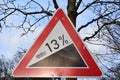 13% steep hill ahead sign Royalty Free Stock Photo