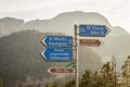 Road sign to St Moritz, Sils, Davos, Tusis and Parc Ela, Graubunden, Swiss alps Royalty Free Stock Photo