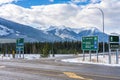 Road sign of Trans-Canada Highway Town of Banff exit. Banff National Park