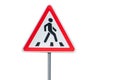 Road sign warning of a crosswalk and crossroad. Regulation of traffic on a highway. Empty roadway with directional signs