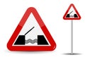 Road sign Warning Drawbridge. In Red Triangle are schematically depicted coast, water and bridge. Vector Illustration. Royalty Free Stock Photo