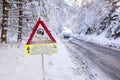 Road sign warns of ice and snow Royalty Free Stock Photo