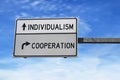 Road sign with words individualism and cooperation. White two street signs with arrow on metal pole. Directional road, Crossroads