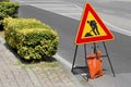 Road sign for works in a road construction site Royalty Free Stock Photo