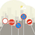 Road signs on a background of a city landscape. Prohibiting road signs.