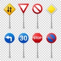 Road signs collection isolated on transparent background. Road traffic control.Lane usage.Stop and yield. Regulatory Royalty Free Stock Photo