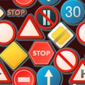 Road signs. Dark background. Auto traffic seamless pattern. Specify and limit. Top view from above. Cartoon funny style