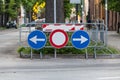 Road signs. Deviation on the route, signaling of an obstacle and deflection arrows to avoid it. Royalty Free Stock Photo