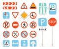 Road signs flat icons set. Traffic symbols. Information on way about danger, direction, roadworks. Limited speed sign Royalty Free Stock Photo