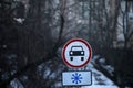 Road signs forbidden to drive when it snows Royalty Free Stock Photo