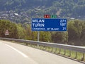 Road signs on the French highway to reach italian cities  through Mont Blanc tunnel Royalty Free Stock Photo