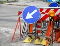 Road signs with a large arrow to identify the place of work in p Royalty Free Stock Photo