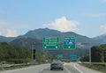 road signs on the motorway with directions to many locations in Switzerland near the Italian border Royalty Free Stock Photo