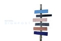 Road signs multicolored old wooden arrows on nature and mountain background. Clipping path Royalty Free Stock Photo