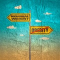 Road signs with normal weight and obesity text pointing in opposite directions.