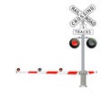 Road signs and railroad crossing barriers are used in the United States.traffic light, Railway barriers close isolated Royalty Free Stock Photo