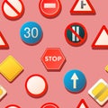 Road signs. Red background. Auto traffic seamless pattern. Specify and limit. Top view from above. Cartoon funny style