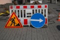 Road signs on the road. Renovation work sign. Royalty Free Stock Photo