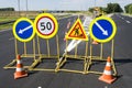 Traffic signs during repair and pain Royalty Free Stock Photo