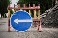 Road signs. Road works. Road warning signs. City streets. Road sign indicating direction Royalty Free Stock Photo