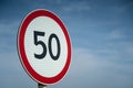 Road signs speed limit 50 km per hour. Close up shot raw footage