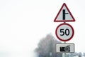 Road signs speed limit 50 km per hour. Close up shot raw footage