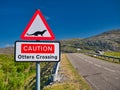 Road signs warning that otters may be crossing the road ahead. Taken at the bridge to the island of Scalpay in the Outer Hebrides Royalty Free Stock Photo