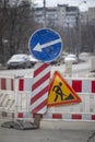 Road signs, road work ahead, warning signs on the city streets Royalty Free Stock Photo