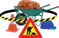 Road signs work in progress road signs work in progress wheelbarrow bricks Royalty Free Stock Photo
