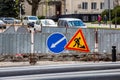 Road signs! Road works with trucks and traffic signs. road blocked signs and traffic is prohibited Royalty Free Stock Photo