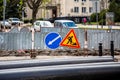 Road signs! Road works with trucks and traffic signs. road blocked signs and traffic is prohibited Royalty Free Stock Photo