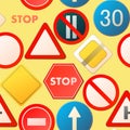 Road signs. Yellow background. Auto traffic seamless pattern. Specify and limit. Top view from above. Cartoon funny