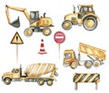 Road signs, yellow concrete mixer, tractor, truck and excavator. Watercolor hand drawn illustration. Perfect for kid posters or