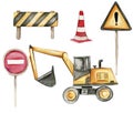 Road signs and yellow excavator. Watercolor hand drawn illustration. Perfect for kid posters or stickers