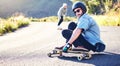Road, skateboard sports and man skating for fitness, exercise and wellness. Training, sunglasses and male skater sitting