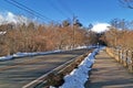 Road, sky and Fuji mountain with snow in Japan countryside